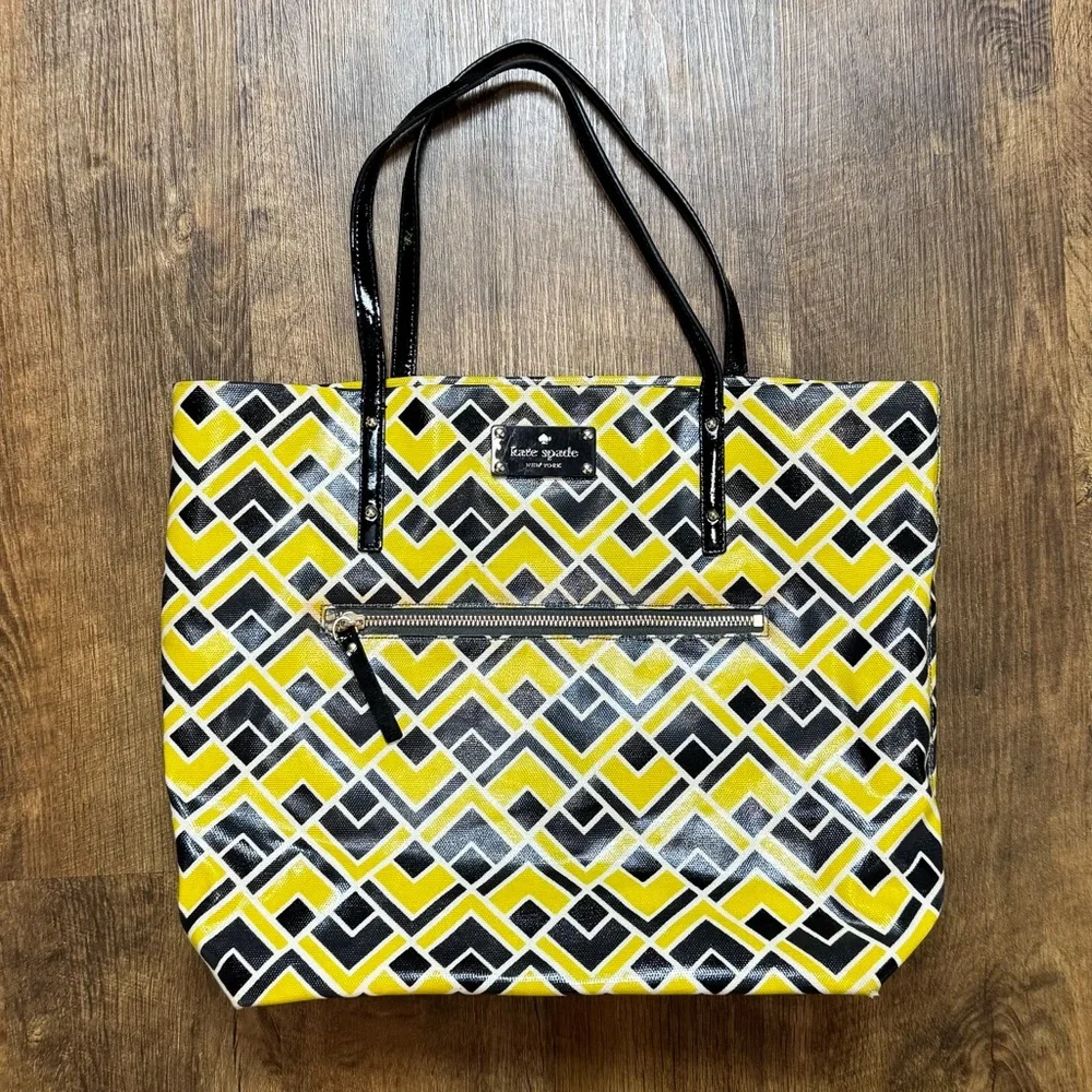 Kate Spade Bon Shopper Tote Flicker Fabric Yellow Black Print Shoulder Bag